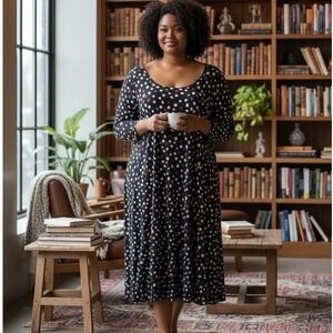 Karen Kane Plus Size 3X‎ Polka Dot Midi Dress Black White Red 3/4 Sleeve USA
